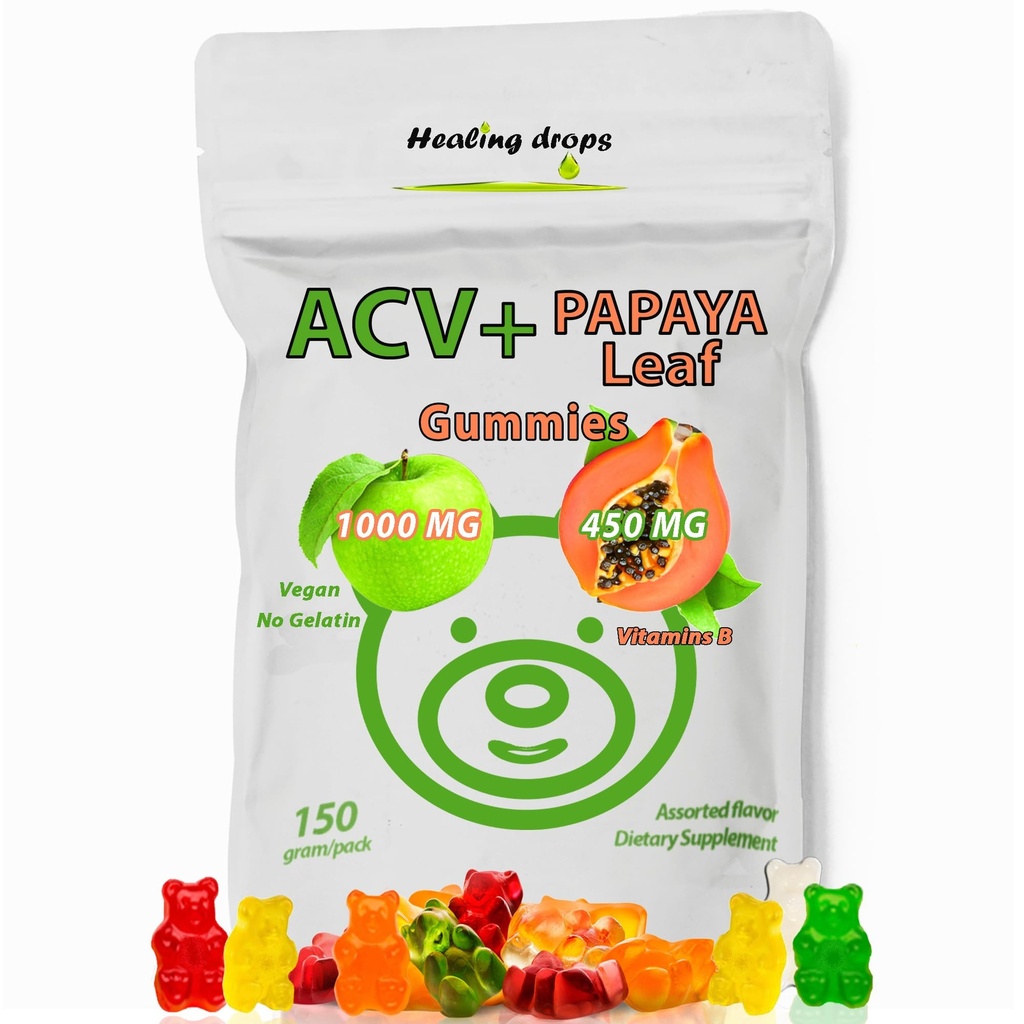 ACV Gummies & Papaya Leaf Extract Gummies - Premium Potent Apple Cider Vinagre Suplemento - Iodo Infundido & Vitaminas B6 B12 – Plaquetas Pele de cabelo e coração amigável (1, regular)