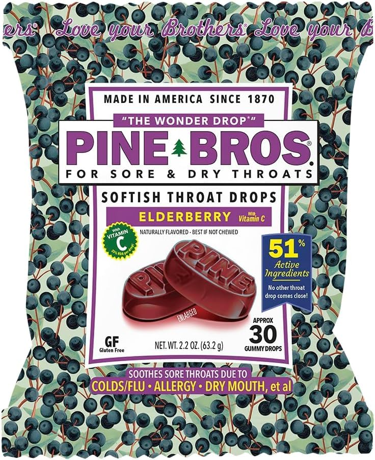 Pine Bros. Gummy Dores Garganta Suaves Gotas 30 Contagem (Aprox) (Pacote de 1, Elderberry)