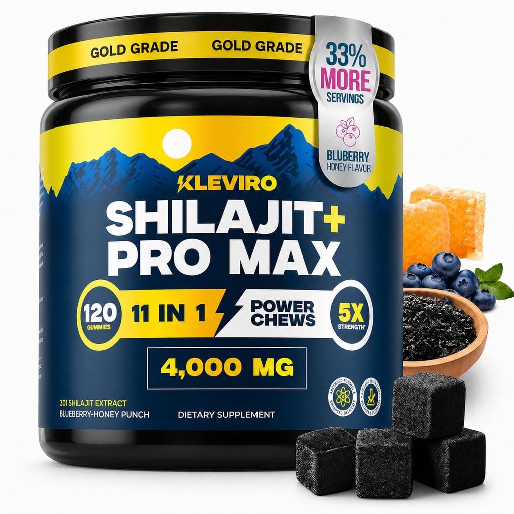 KLEVIRO 30:1 Chicletes de Shilajit para homens 78% Ácido Fulvico     , 11-em-1 Complexo com Ashwagandha, Tongkat Ali, Manuka Honey, Rhodiola, Mane de Leão , Não adicionado açúcar , GMP certificado & laboratório testado