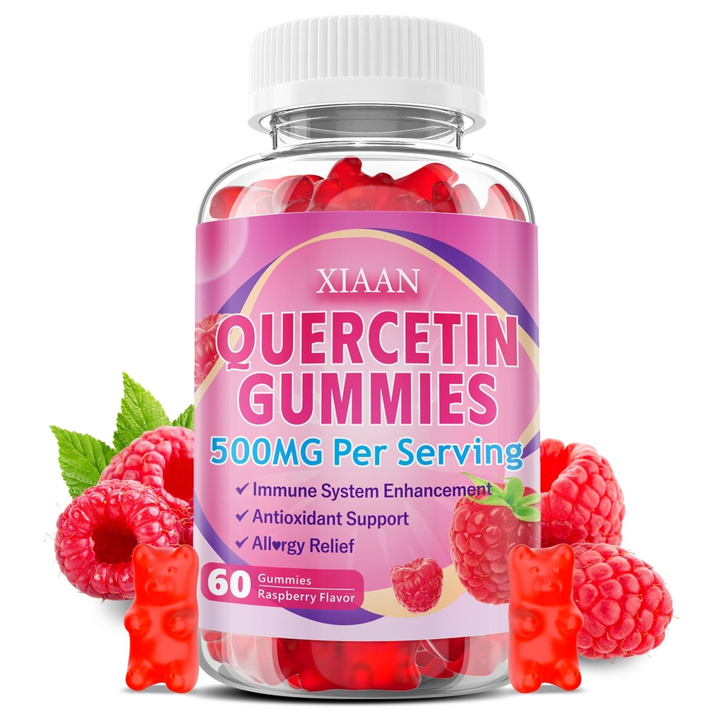Quercetin Gummies 500mg para crianças e adultos, suplementos orgânicos Quercetin com bromelaína Zinc Vitamina C e D3 Suporte Antioxidante e Imune Sistema Saúde, Framboesa sabor 60 Conta
