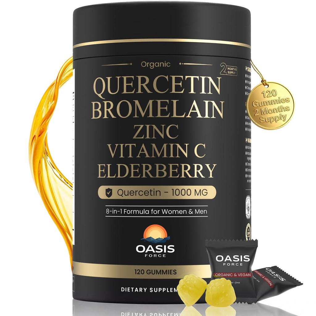 8-em-1 Quercetin com gomas de bromelaína 1000mg, Suplemento de Quercetin orgânico de alta potência com zinco e vitamina C, Elderberry, Bem-estar sazonal e apoio imunológico, Vegan, Açúcar grátis, 120 chicletes