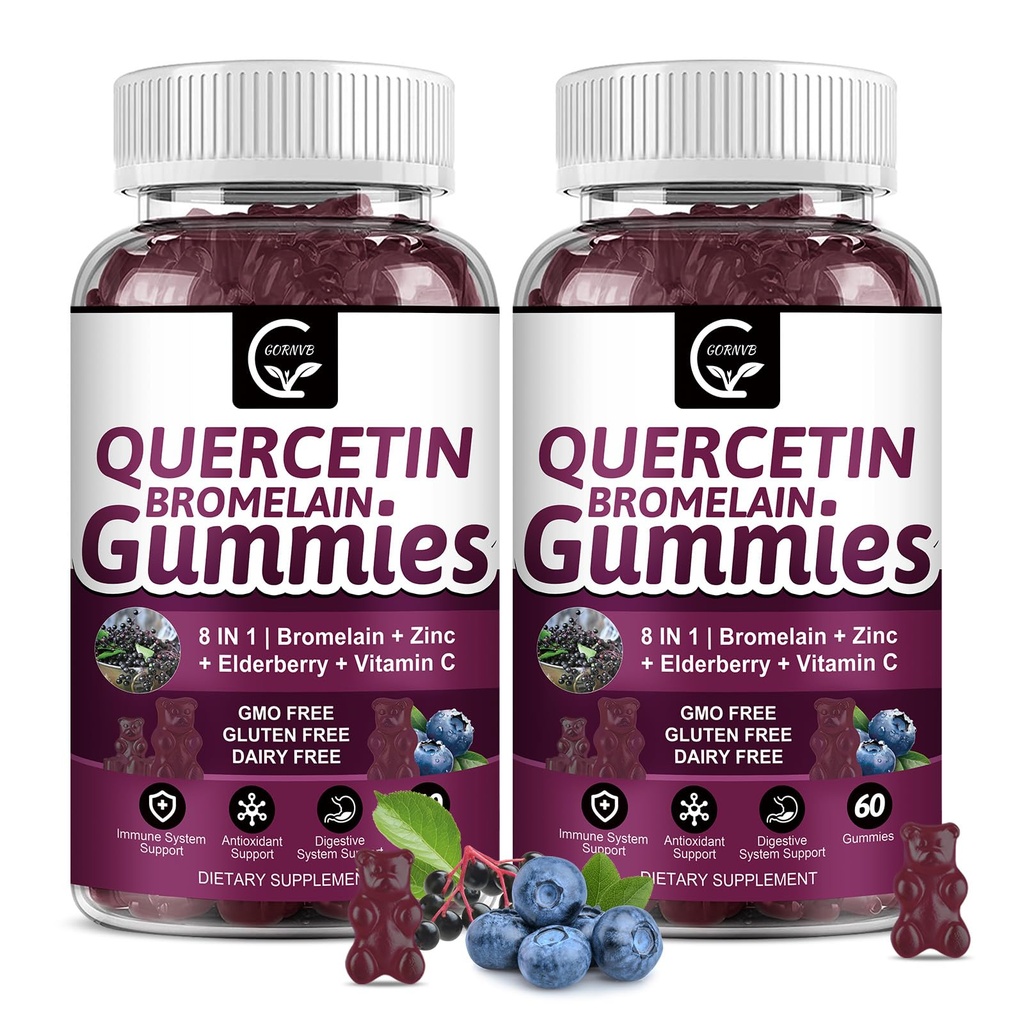 (2 Pack) Quercetin Gummies - Quercetin com Bromelain 2378mg - Mistura com Elderberry, Echinacea Purpurea Extract, Zinc, Vitamina C,D3,K2, Complex Suporta Imune, Cardiovascular & Função Respiratória