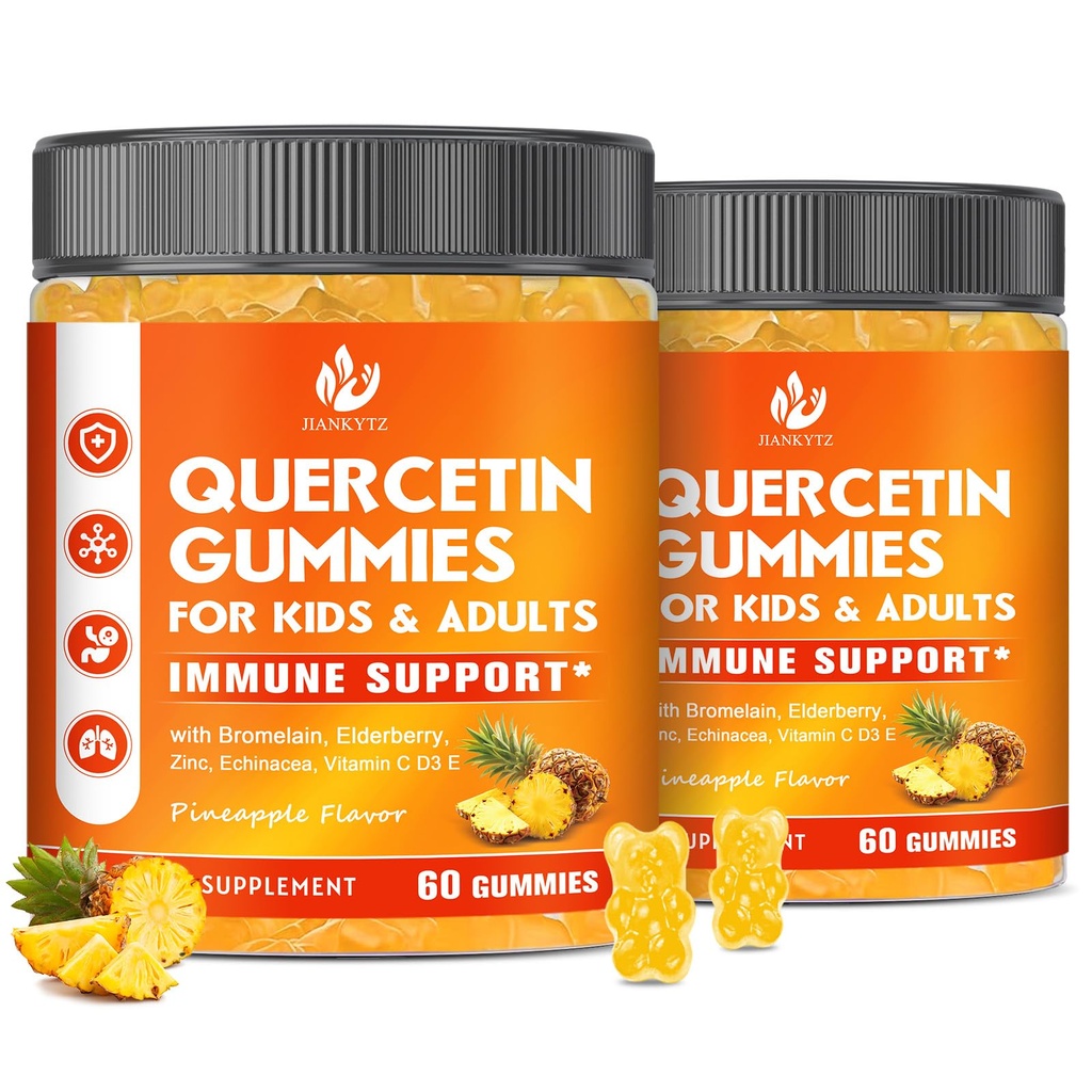 (2 Pack) Açúcar livre Quercetin com gomas de bromelaína para crianças e adultos - Imune, Antioxidante, Suporte sazonal, 1000mg Quercetin Suplementos com bromelaína, zinco, Elderberry, Vitamina C D3 E, 120 contagem