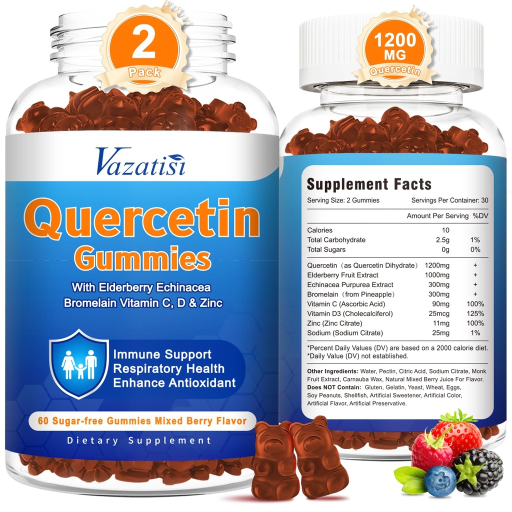 2 Pack Quercetin com gomas de bromelaína, Quercetin com Zinco de vitamina C e Elderberry para sistema imunológico e alergia, Mastigado e Vegan Gummies, Misturado sabor de Berry 120 Cts