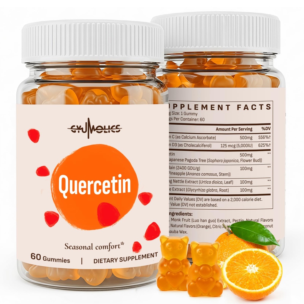 Quercetin 500mg chicletes para crianças – com bromelaína, vitamina C & D3, Stinging Nettle & Alcaçuz, Balanço sazonal & Defesas do corpo, Vegan, 120 Gummies