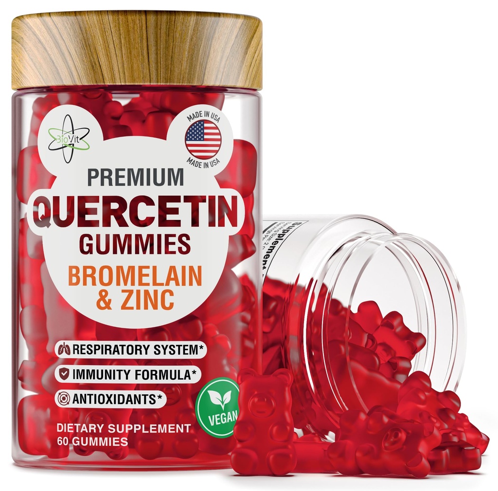 BioVit Quercetin Gummies 500MG - Quercetin ativado para crianças e adultos Sistema imunológico e alergia - mastigado com bromelaína, zinco, vitamina C, vitamina D3 - Made in USA - 60 Vegan Gummy Bears