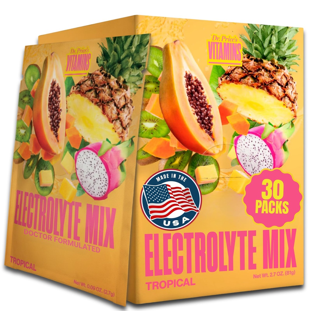 Dr. Price's Electrolyte Mix em pó de hidratação livre de açúcar com 72+ Trace Minerals □ Sem açúcar, Eletrolíticos de dissolução rápida Empacotes de pó ; Tropical (30 embalagens)