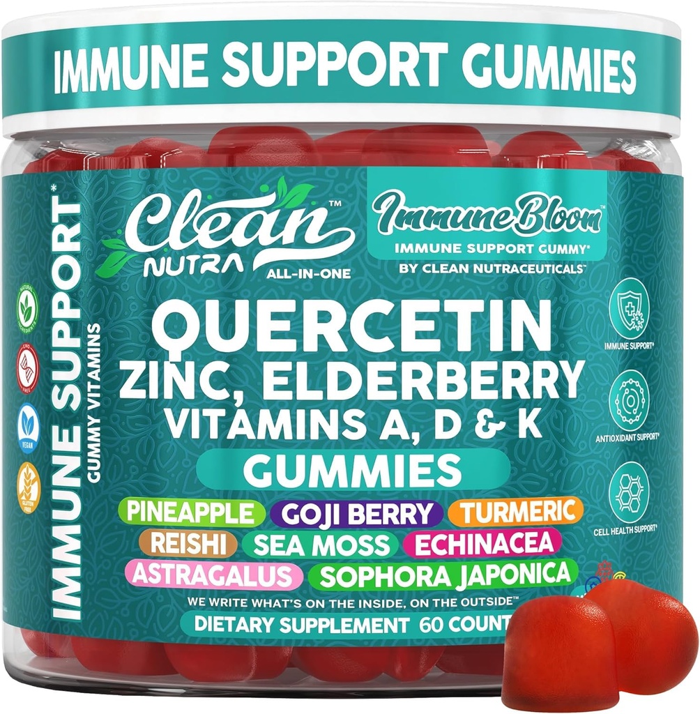 Limpar Quercetin Elderberry Imune Support Gummies Vitamina Zinc K2 D3 A Bromelain Goji Berry Turmeric Sea Moss Echinacea Astragalus Selenium Olive Leaf Immunity Supplement Gummy Vitaminas