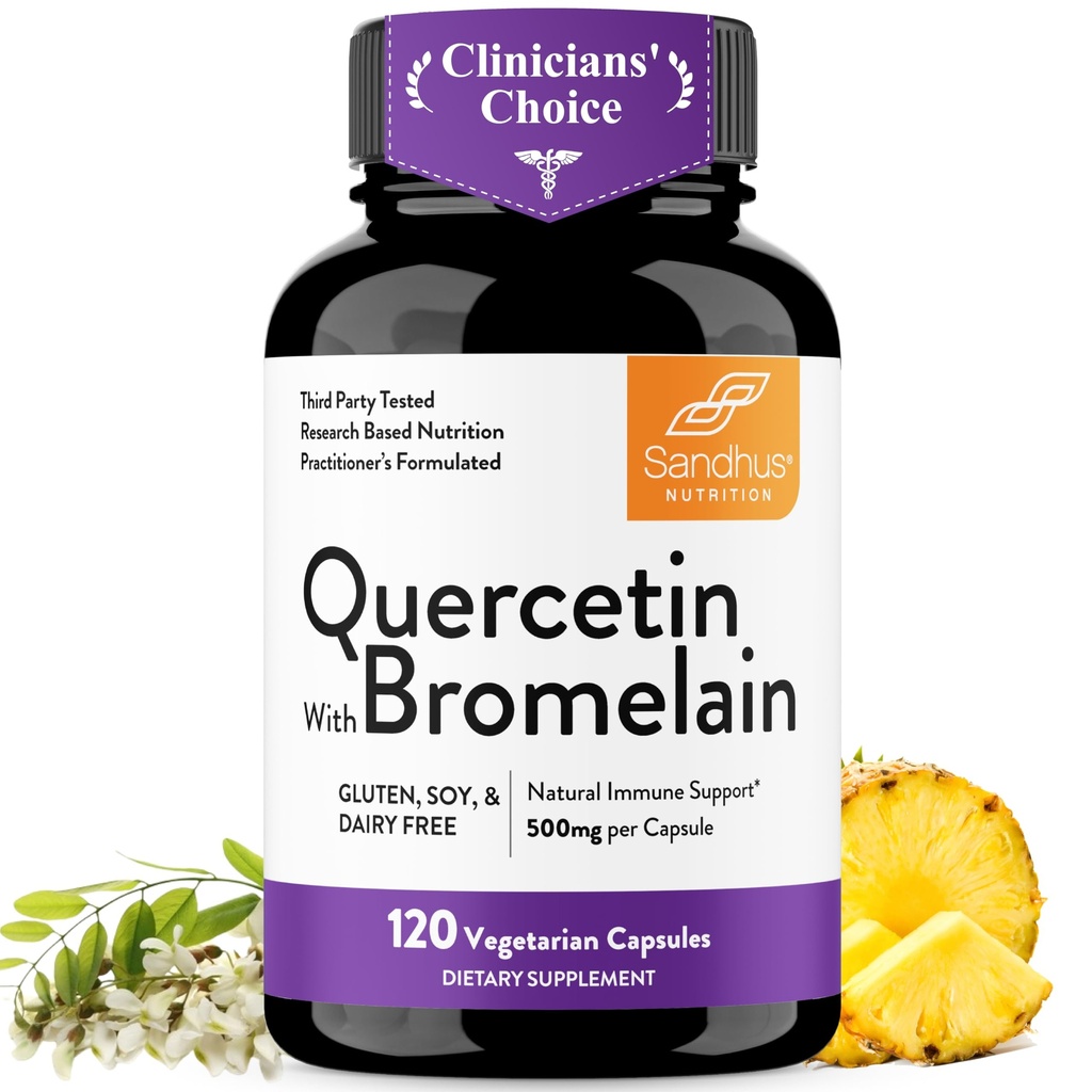 Quercetin com Bromelain Cápsulas de Suplemento Vegetariano (1000mg por serviço 2400 GDU/g) □ Suporta Sistema Imune Saudável, Ajuda com Suporte de Alergia Sazonal