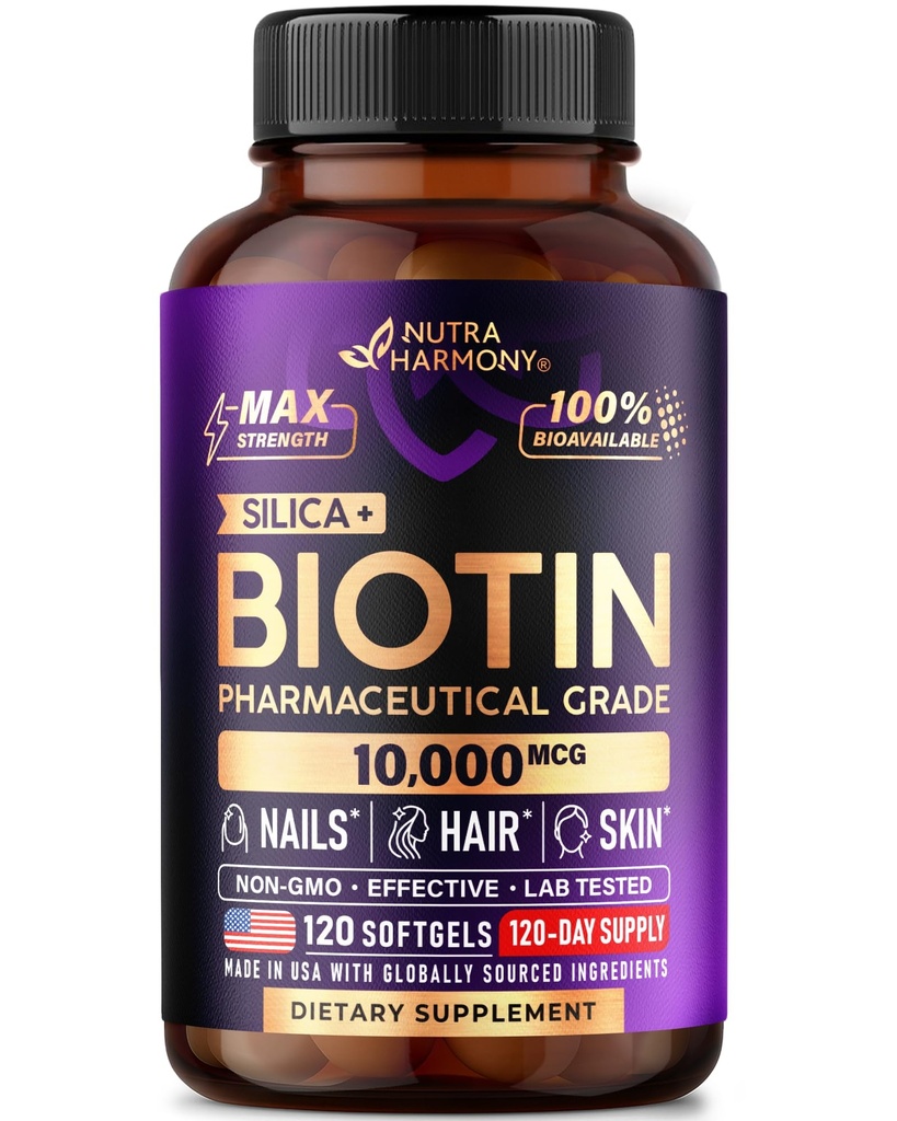 Biotina 10000mcg com Silício - Farmacêutica Grau Suplemento Biotina para Mulheres - Apoio ao Crescimento do Cabelo, Pele e unhas - Max Força & 100% Biodisponibilidade - Made in USA - 120 Softgels, 120 Dias de Fornecimento