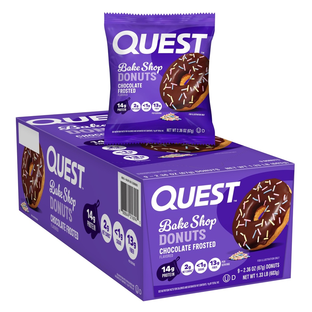 Quest Nutrition Bake Shop, Chocolate Frosted Donuts, 14g de proteína, Menos de 1g de açúcar, Lanche de proteína, Baixo açúcar, 9 contagem