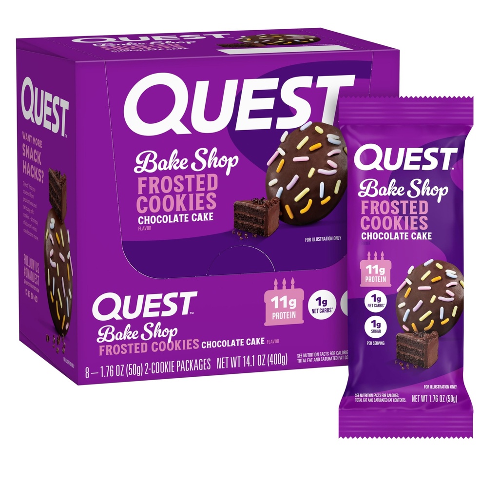 Quest Nutrition Frosted Cookies Pacote Twin, Bolo de chocolate, 1g de açúcar, 11g de proteína, 1g de carboidratos líquidos, Gluten Free, 16 cookies