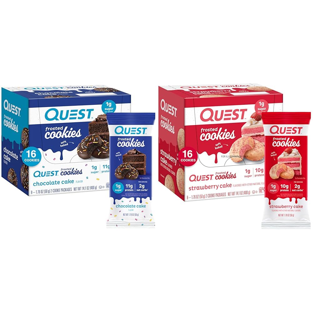 Quest Nutrition Frosted biscoitos pacote duplo, bolo de chocolate 1g açúcar 11g proteína 2g líquidos carboidratos e bolo de morango 1g açúcar 10g proteína 2g líquidos carboidratos, sem glúten, 16 cookies cada