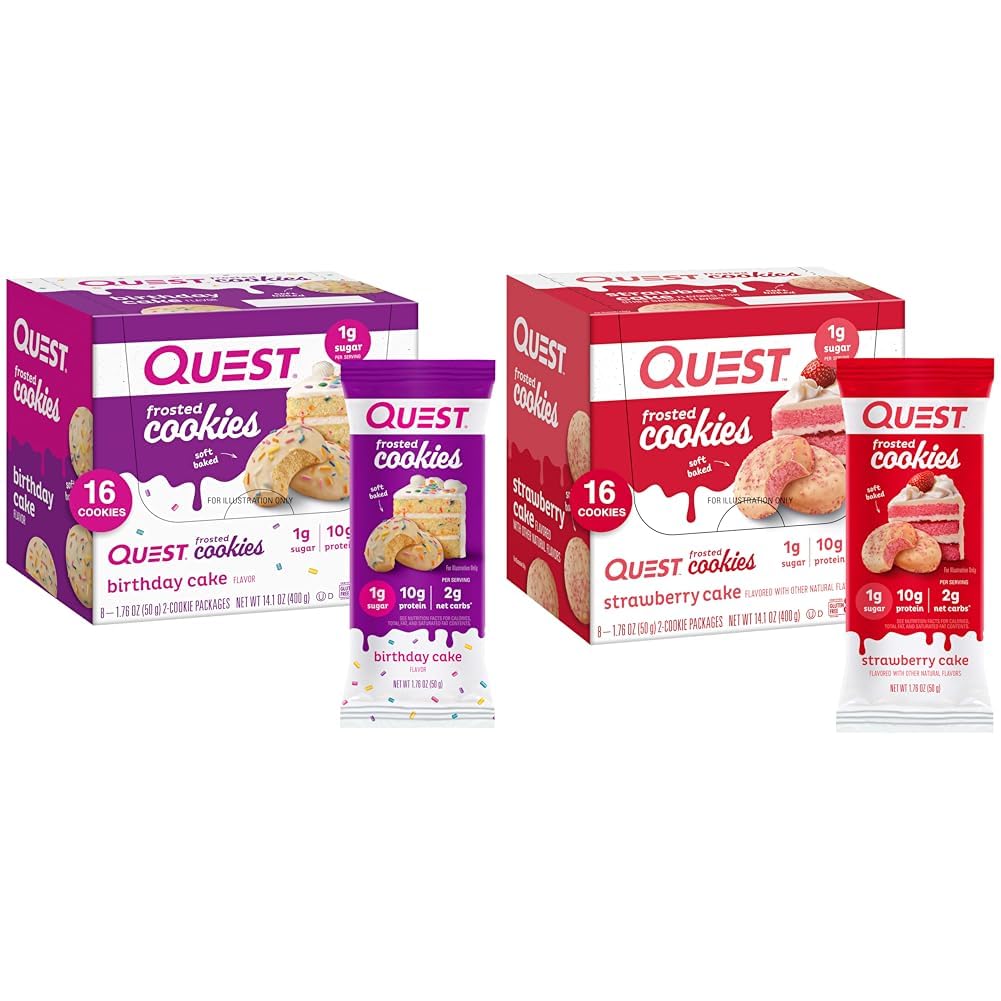 Quest Frosted Cookies Pacote Twin com bolo de aniversário 1g Açúcar 10g Proteína 2g Carboidratos Glúten Livre 8 contagem e bolo de morango 1g Açúcar 10g Proteína 2g Carboidratos Glúten Livre 16 Cookies
