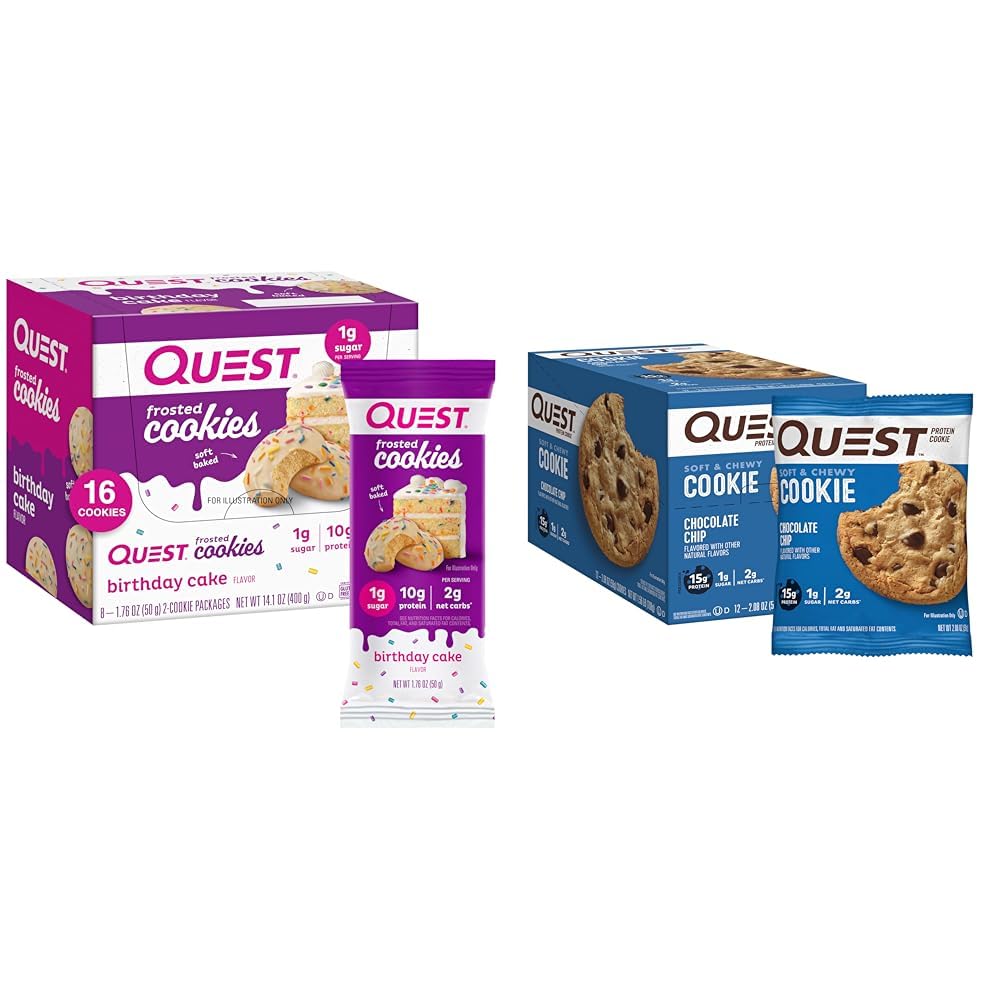 Quest Nutrition Frosted Cookies Pacote Twin Bolo de aniversário 1g açúcar 10g proteína 2g líquidos carboidratos Gluten Free 8 Count & Chocolate Chip Protein Cookie 12 Count