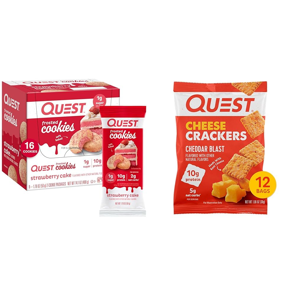 Quest Nutrition Frosted Cookies Pacote Twin, Bolo de morango, 1g de açúcar, 10g de proteína, 2g de carboidratos líquidos e biscoitos de queijo, Cheddar Blast, alta proteína, baixo carbono, Feito com queijo real, 12 Ct