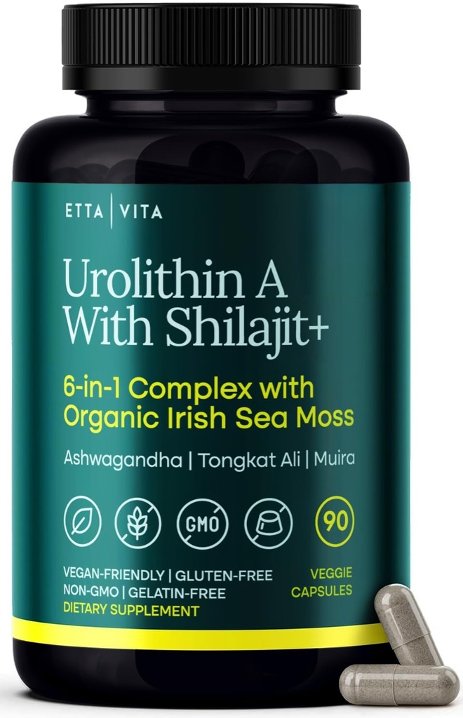 Urolithin-A Complex w Shilajit, Orgânico Sea Moss, Ashwagandha & Tongkat Ali, Energia Natural, Libido, Equilíbrio Hormônio e Foco para Homens e Mulheres (Made in USA - 3rd Party Tested)