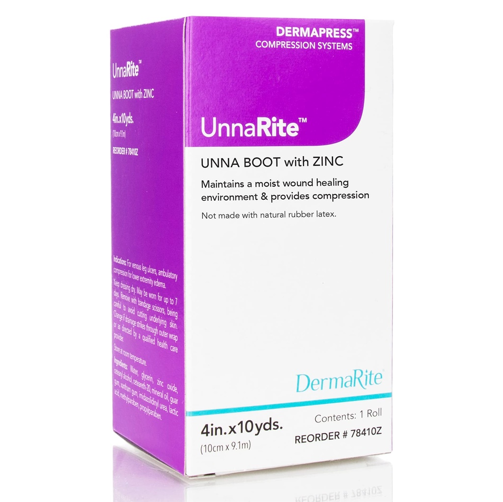DermaRite UnnaRite C Unna Boot, com óxido de zinco - Hidratação e compressão suave para úlceras de perna venosa - 4 in. x 10 yds., 1 rolo
