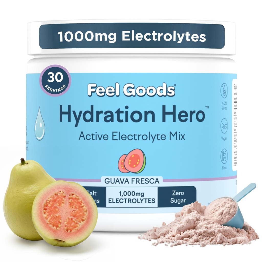 Feel Goods Hydration Hero, 1000mg Electrolytes Powder, Livre de açúcar, Magnésio, Aloe Vera orgânica, Aloe orgânica, L Theanina, Vitamina C & B12, Não OGM, Keto, Vegan - Guava Fresca, 30 Servings
