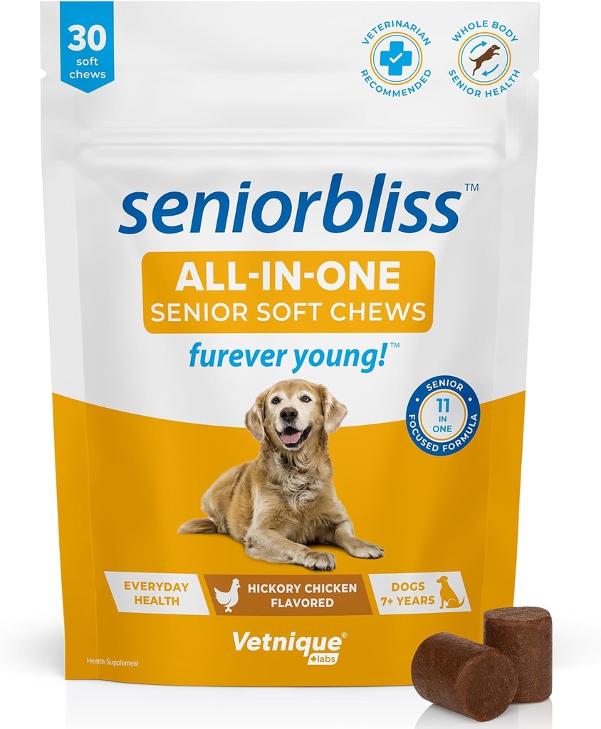 Vetnique Seniorbliss Dog Multivitamin Sênior com Glucosamina, Ómega 3 Fish Oil e Probióticos - para articulações de cães, suporte digestivo e imunológico para a saúde ideal (All-in-One Daily Vitamina, 30 Ct)