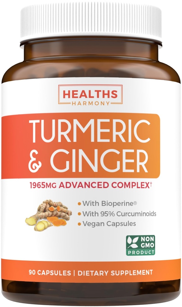 Suplemento de Açafrão e Ginger (Non-GMO) 1980mg Servindo - Curcumina de Açafrão com Pepper Black Bioperine, Extrato de Ginger, e 95% Curcuminoides Pó - Suplemento Tumérico de Suporte Conjunto - 90 Cápsulas