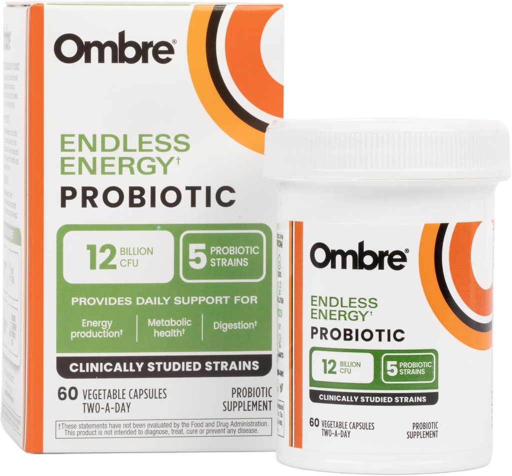 Ombre Endless Energy Probiotic Supplement, Suporta Produção de Energia Natural, Memória, Focus & Gut Health, 12 bilhões de UFC, Prateleira-estável, 30 Servings