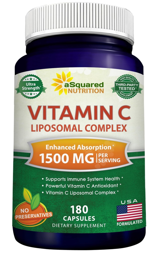 aSquared Nutrition Vitamina C Complexo lipossomal - 1500mg Suplemento - 180 Cápsulas - Pílulas de ácido ascórbico VIT C de alta absorção - Suporta Sistema Imune e Saúde do Colágeno - 90 Servimentos