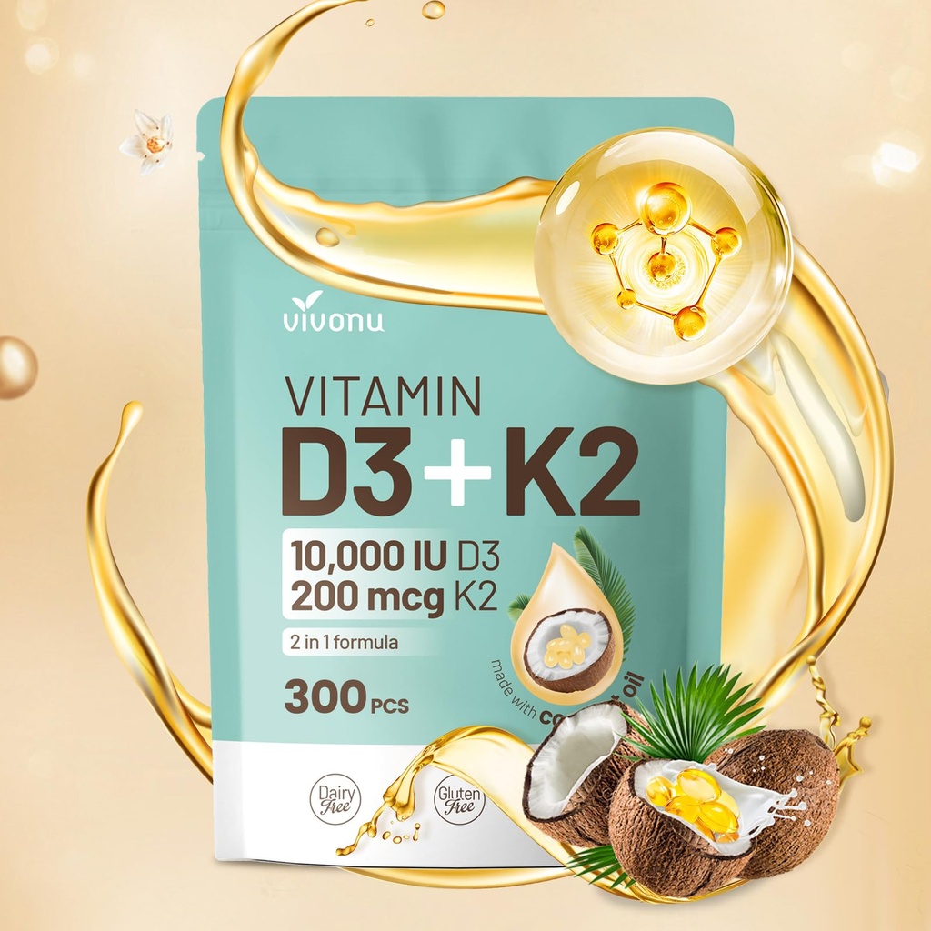 VivoNu Vitamina D3 K2 10000 UI com MK7-300 Óleo de coco virgem Softgels, 2 em 1 Complexo de Vitaminas D & K
