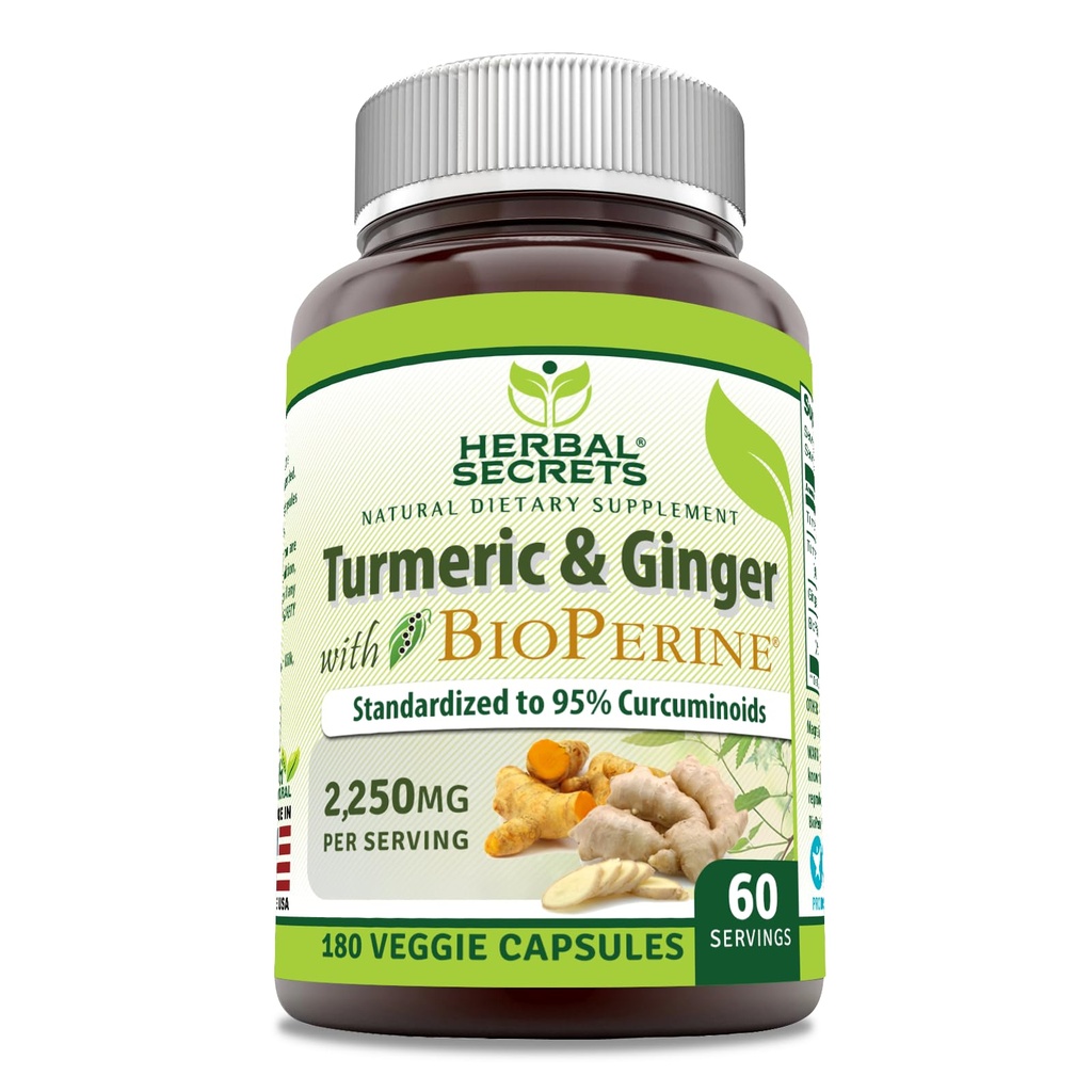 Herbal Secrets Curcumin & Ginger Turmeric com BioPerine Supplement - 2,250 Mg Por Serviço - 180 Cápsulas - Não-GMO - Gluten Free - Made in USA