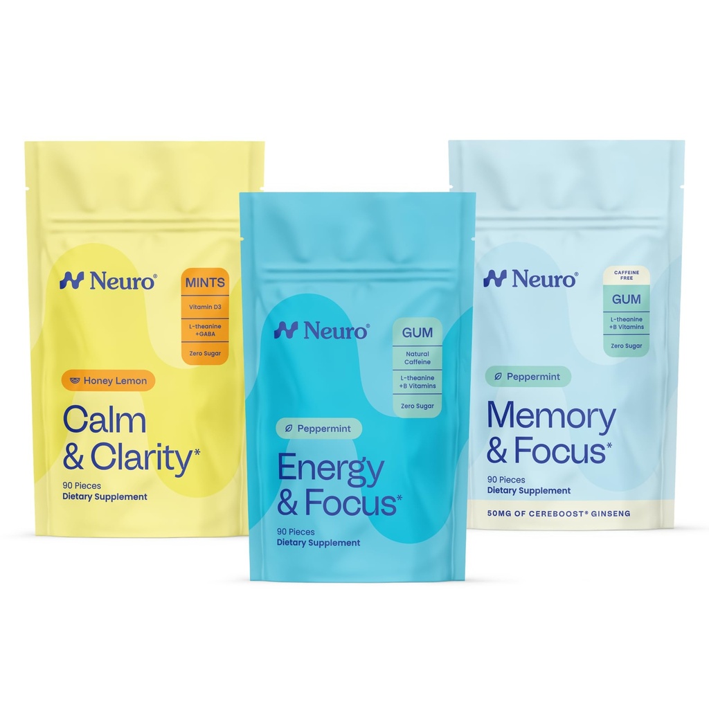 Neuro Cognitive Balance Bundle - Memory & Focus Gum Nootropic (Peppermint, 90 Count), Dormir & Recarregar Menta Melatonina (Berry, 72 Count), Calm & Clarity Stress Support Mints (Honey Lemon, 90 Count)