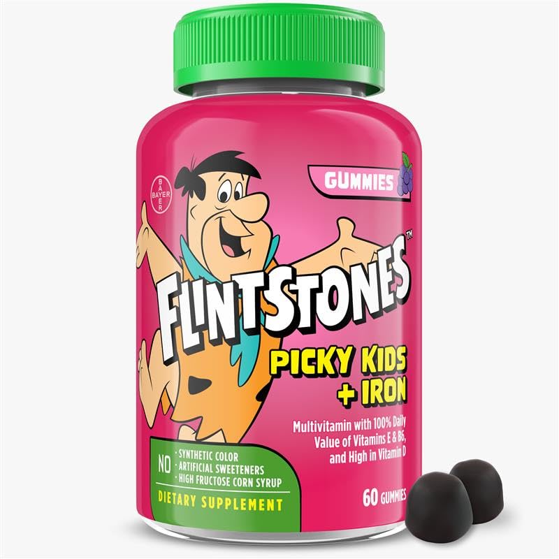 Vitaminas Flintstones para crianças exigentes + ferro, chicletes multivitamínicos para crianças com vitamina C, D, E, B6 e ferro, vitaminas gummy, sabor de uva, 60 chicletes