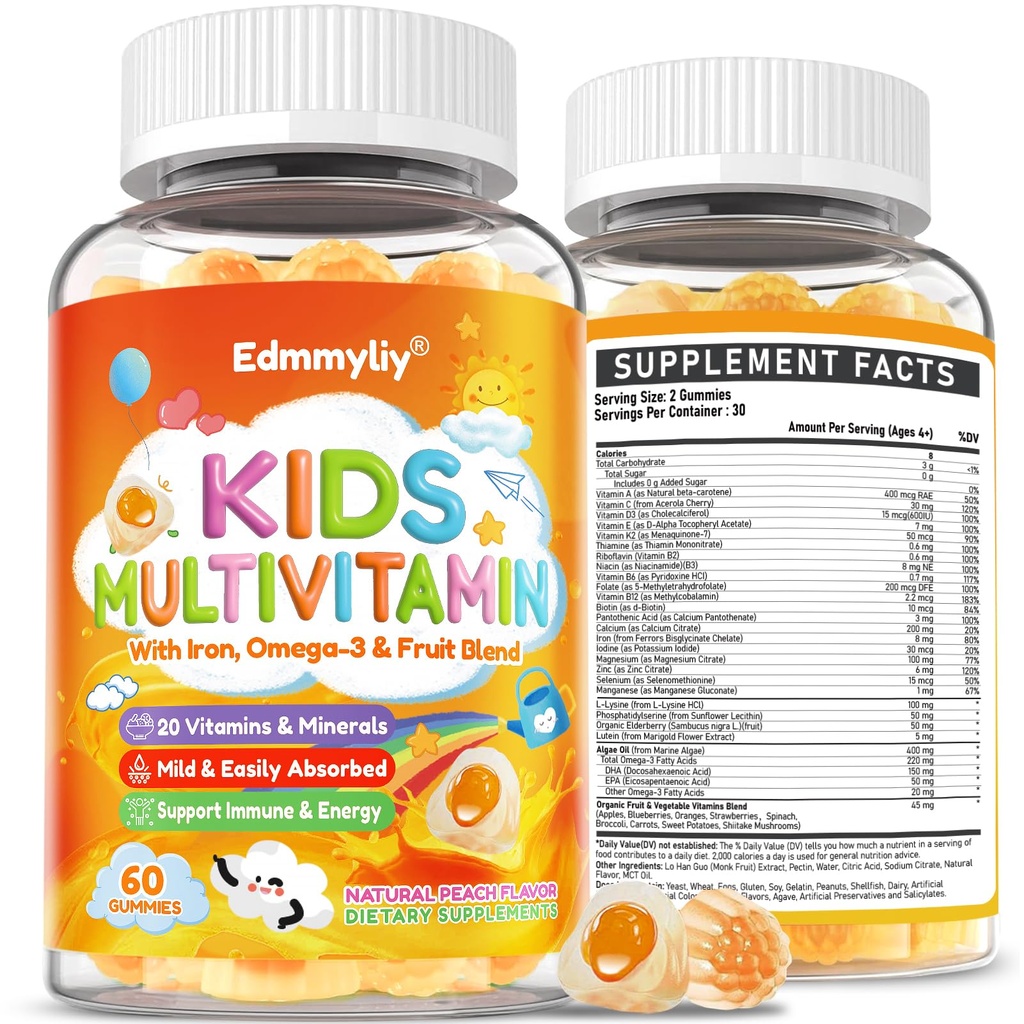 Kids Multivitamin Gummies - Vitaminas A D3 K2, Metilado B-Complexo com Omega-3, Ferro para Imune & Desenvolvimento Suporte - Organic Mixed-Berry Flavor Multivitamins para Crianças Diário - Açúcar Livre & Vegan