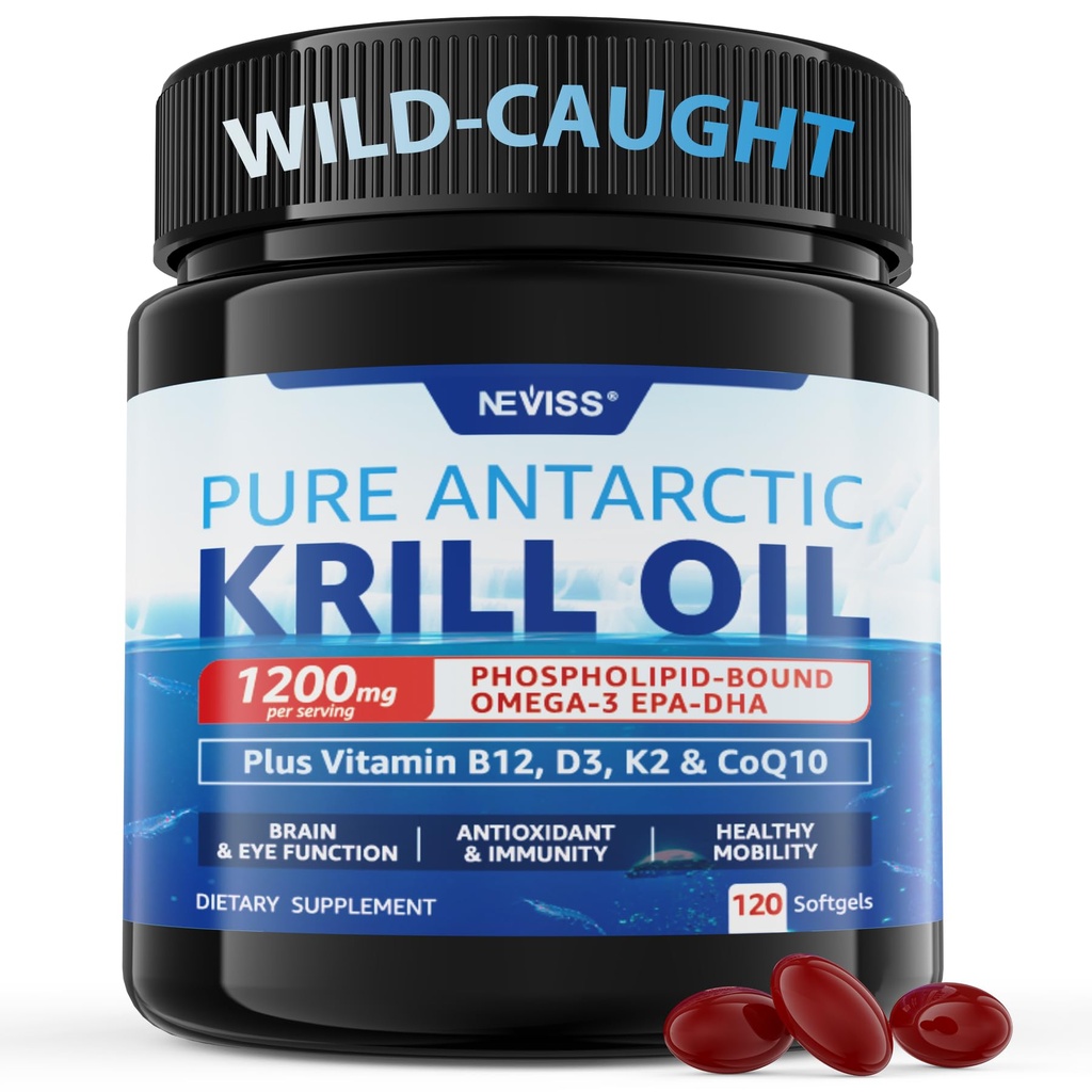 Antártico Krill Oil 1200 mg Omega 3 Suplemento, Ómega 3 Krill Oil Softgels w/EPA, DHA, Astaxantina & Fosfolipídios para Cérebro & Antioxidante, Sustentável Fonte, Sem gosto de peixe, 120 Softgels