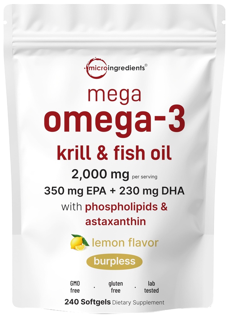 Mega Omega-3 Krill & Fish Oil 2.000mg Equivalente, 240 Softgels .Flavored limão .Arrotar .Ácidos gordos essenciais e astaxantina . EPA 350mg + DHA 230mg .