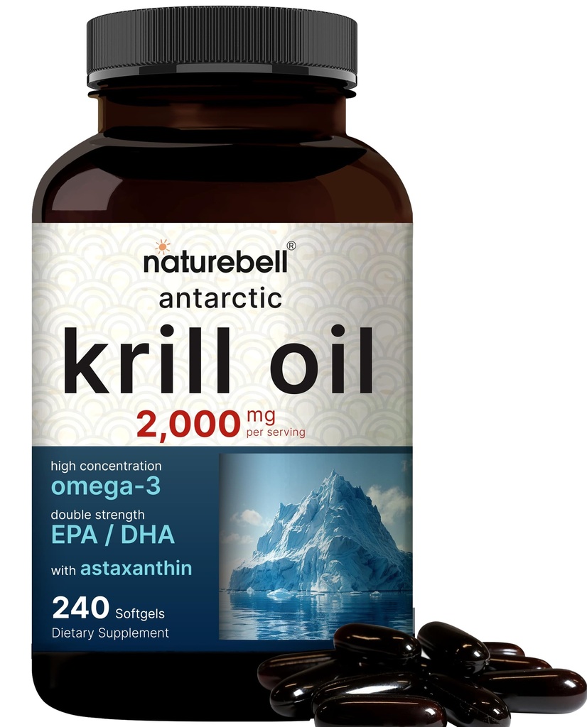 NatureBell Antárctico Krill Oil 2000mg Suplemento, 240 Softgels, 3X Força Natural Fonte de Omega-3s, EPA 240mg + DHA 160mg + Astaxantina 800mcg – Sem sabor de peixe – Mercúrio livre e não-GMO
