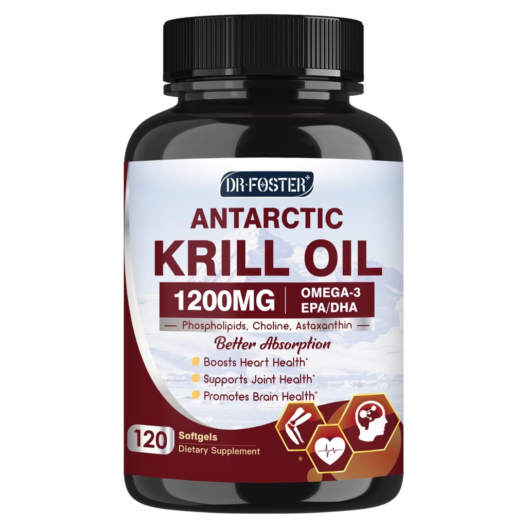 Krill Oil 1200mg, Antártico Krill Oil Omega 3 Suplemento com EPA, DHA, Astaxantina e fosfolipídios para coração e cérebro & saúde conjunta, Sem sabor de peixe, 120 Softgels (60 Servings)