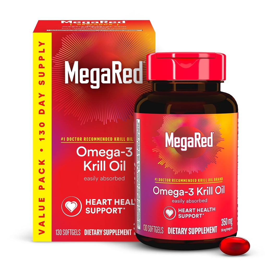 MegaRed - Ómega-3 Krill Oil 350mg Softgels (130 contagem em uma garrafa), EPA & DHA Omega-3 ácidos gordos com nenhum sabor de peixe Ao contrário do óleo de peixe, contém astaxantina antioxidante