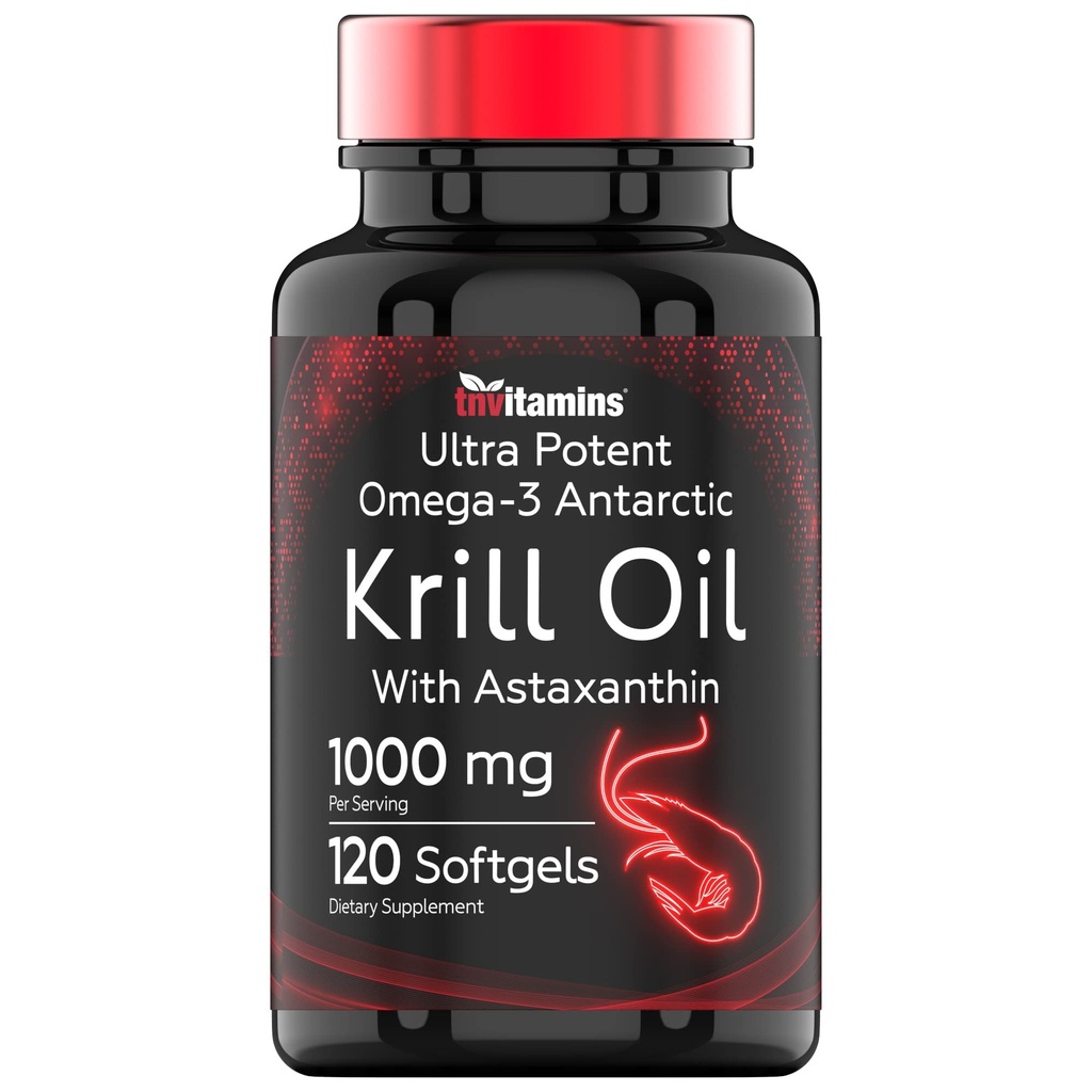 Óleo de Krill Antárctico 1000mg - 120 Softgels com Astaxantina - 1000mg Óleo de Krill Vermelho, 200 mg Fosfolípidos, 120 mg EPA, 80 mg DHA, 200 mcg Astaxantina - Potente e Puro Omega-3 Água Fria Krill Antártico