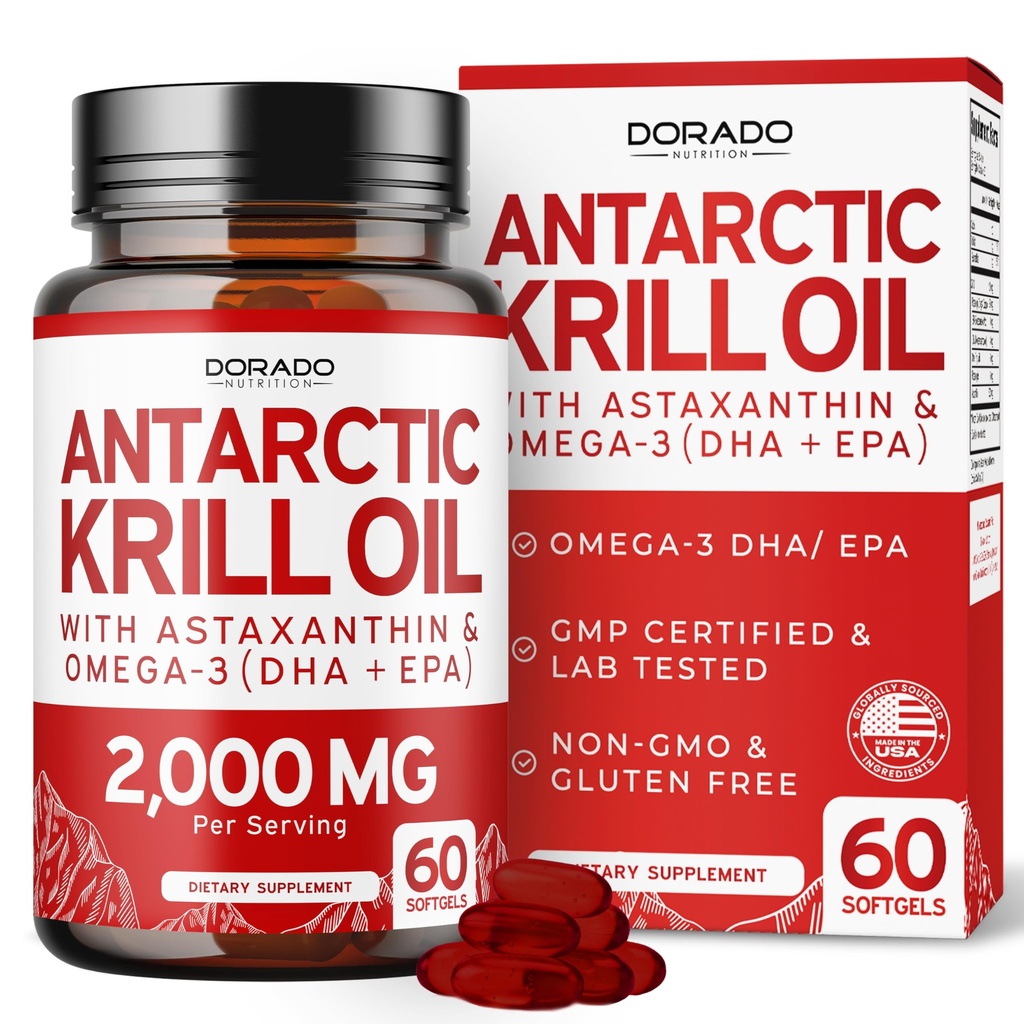 Antárctico Krill Oil Supplement (2000mg por serviço, 60 Softgels) Krill Oil Omega 3 Suplementos com EPA, DHA e Astaxantina - Premium Fosfolipídio para Adultos - Terceiros Testados, Não-GMO & EUA Made