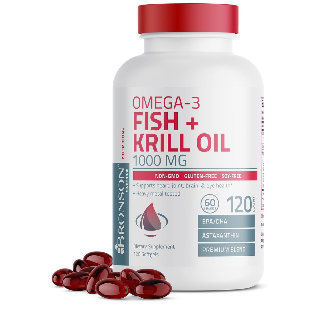 Bronson Omega-3 Fish + Krill Oil 1000 MG EPA DHA Astaxantina Premium Mistura - Joint, Cérebro & Saúde dos Olhos - Não OGM, Heavy Metal testado, 120 Softgels