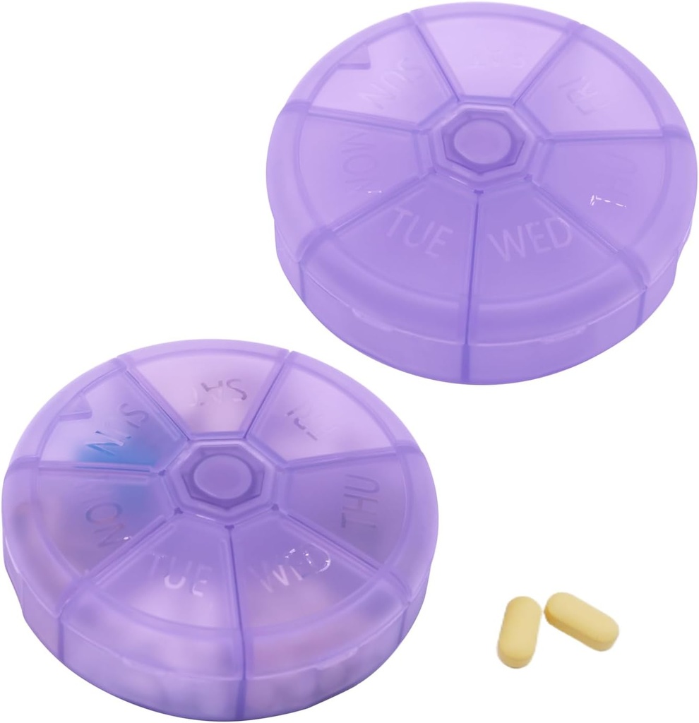 Portátil Semanal Organizador de Pílulas 7 dias recipiente, Round Pill caso de viagem amigável, caso de lembrete de pílulas da semana diária, BPA-Free Vitamina, Suplemento, Óleo de peixe, Planner de medicamentos (Purple)