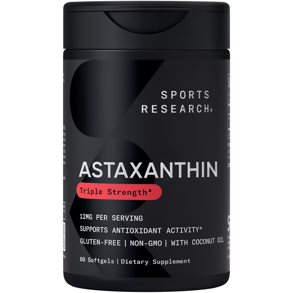 Sports Research® Triple Strength Astaxantina 12mg w/Organic Coconut Oil - Suplemento antioxidante para suporte de pele e saúde ocular* - Soy Free · Non-GMO · Gluten Free - 60 Softgels