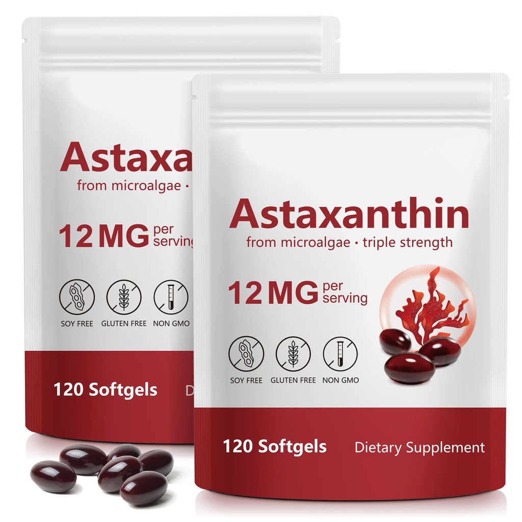 Xaarty 2Pack Premium Astaxantina 12mg, Suplemento Natural Antioxidante para Olho, Articulação, Saúde da Pele, Fonte de Microalgas, Fornecimento de 4 Mês, Suprimentos de Circulação Interna, 240 Softgels