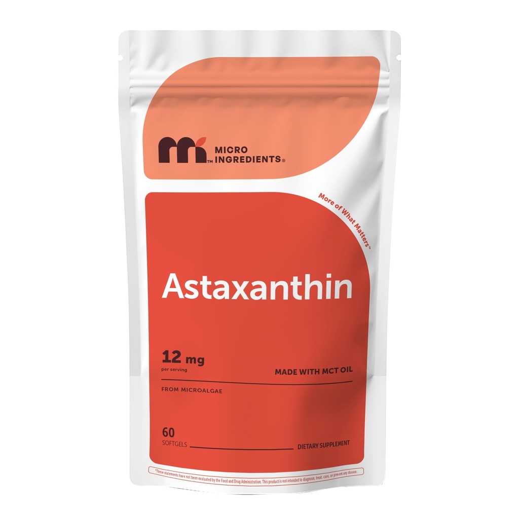Micro Ingredientes Astaxantina 12mg com MCT Oil, 60 Softgels Fonte de Microalgas Frescas, Força Tripla, Fácil de Engolir, Não-GMO, Gluten Free, Soy Free