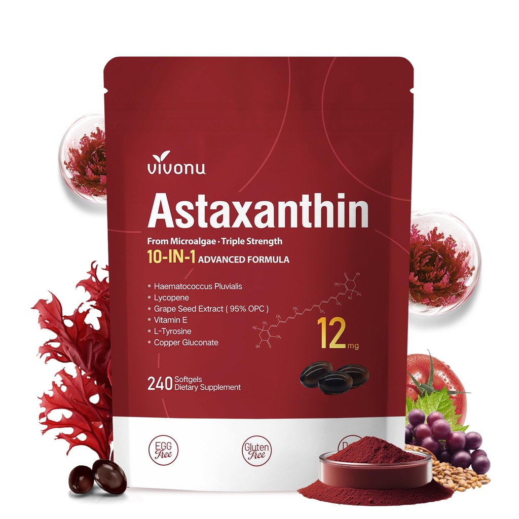 10 em 1 Astaxantina 12mg Suplementos, Fornecimento de 4 meses, Astaxantina Antioxidante de fresco Haematococcus Pluvialis, Contém Licopeno, Sementes de uva, Vitamina E, & Mais Suporta Olho, Joints, Saúde da Pele