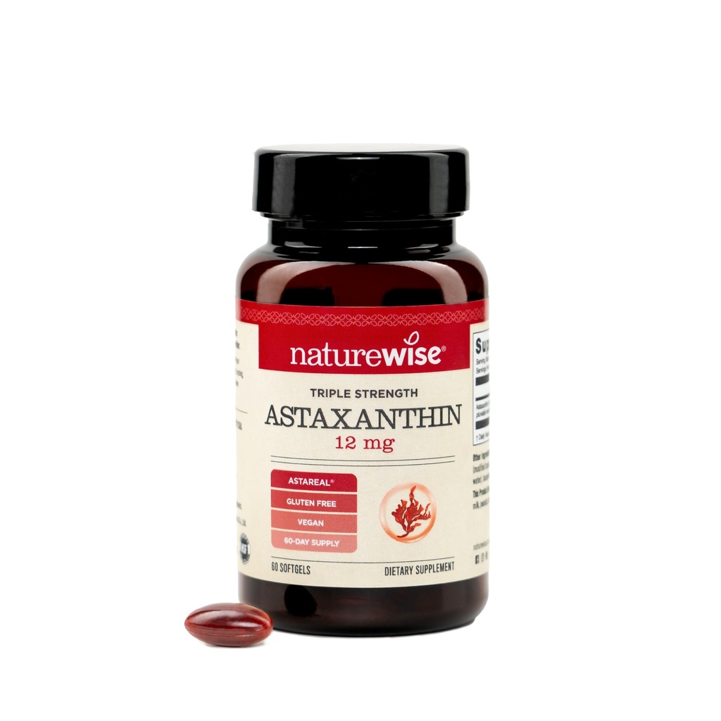 NaturezaWise força tripla Astaxantina 12mg com AstaReal® - Vegan suplemento antioxidante com óleo de coco orgânico - NSF certificado sem glúten, não-GMO - 60 Softgels[60 fornecimento dia]
