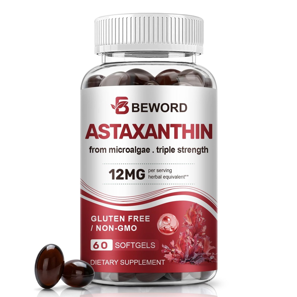 BEWORD Astaxantina 12mg com MCT Oil, 60/120 Softgels 2-mês Fornecimento de Suplementos Antioxidantes Premium, Microalgas Naturais, Força Tripla, Suporta Pele e Saúde dos Olhos, Não-GMO, Glúten e Sem Soja