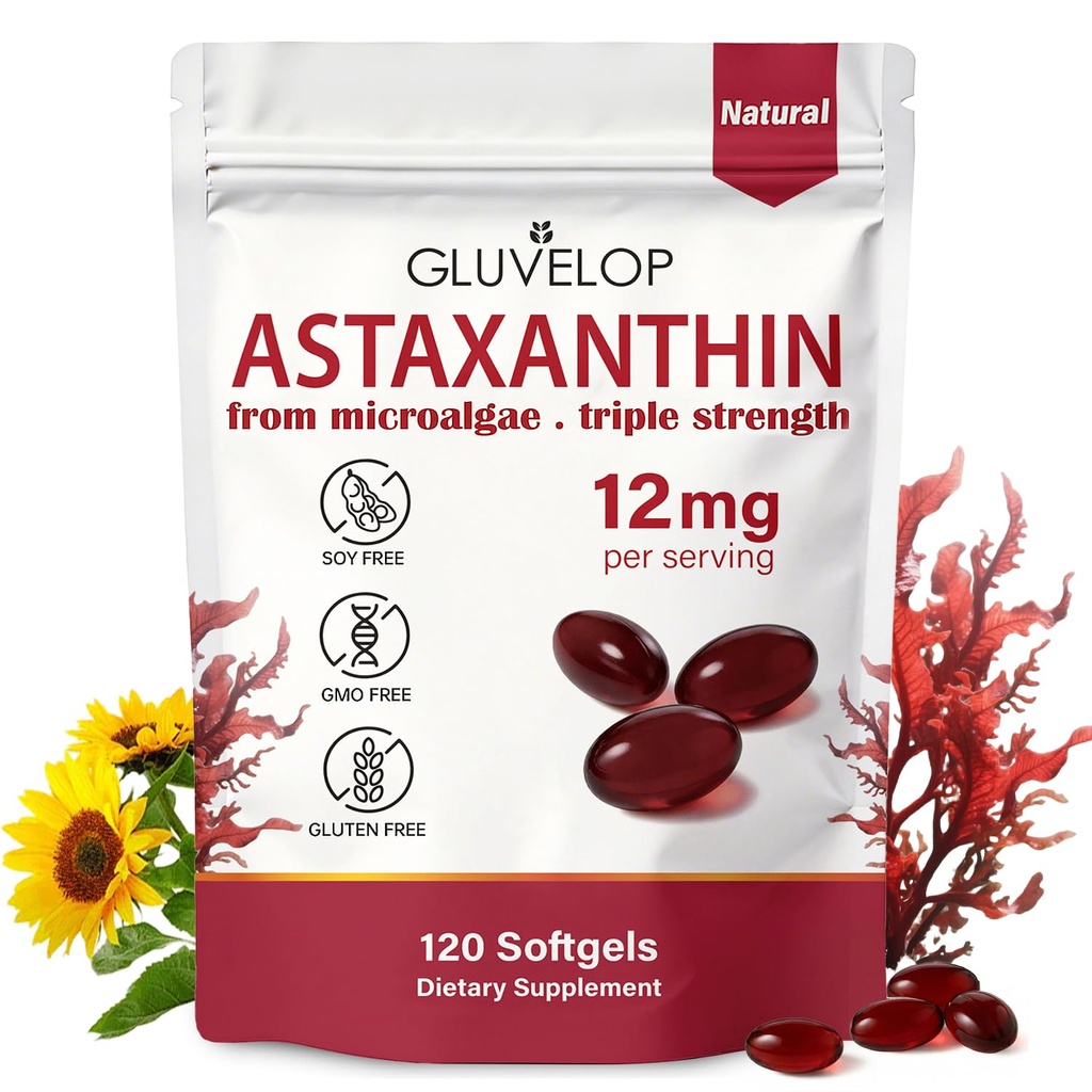Astaxantina 12mg, Suplementos Antioxidantes Premium Astaxantina, Suporta Olho, Pele, Imune, Circulação Interna, Fonte de Microalgas Frescas, Força Tripla, Não-GMO, Fornecimento de 4 Mês, 120 Softgels