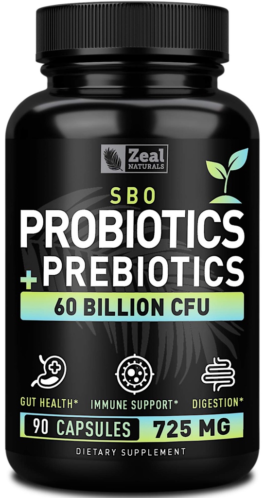 Probióticos e Prebióticos + SBO Probióticos (60 Bilhões UFC □ 90 Cápsulas) Acidophilus Probiótico w. Saccharomyces Boulardii, Bifidobacterium + Spore Probiótico & Organic Sprouted Prebiótico Fibra Mistura