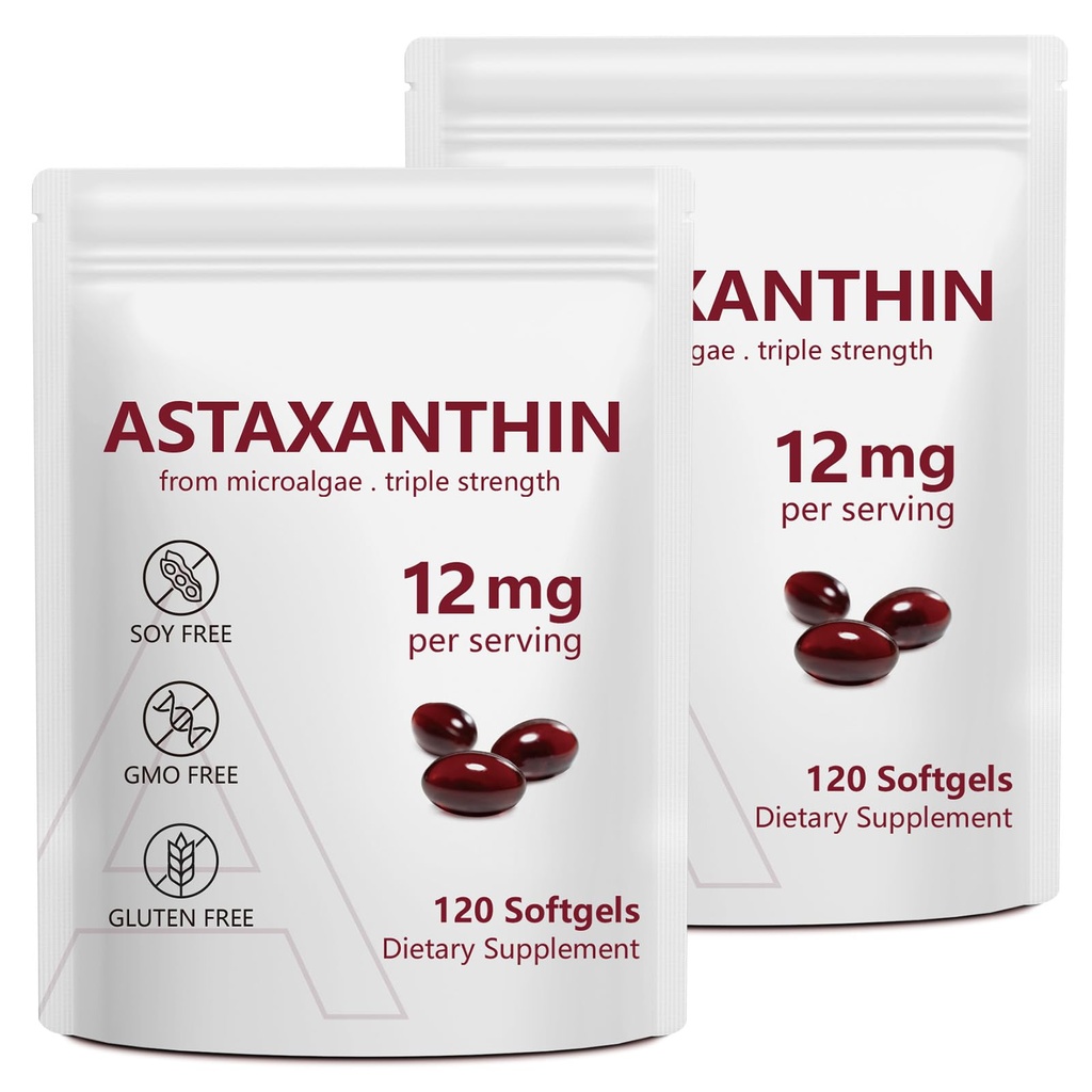 2 Pacote Astaxantina 12mg, Suplementos Antioxidantes Premium Astaxantina com Atividade Antioxidante, Suporta Olho, Imune, Saúde da Pele, Circulação Interna